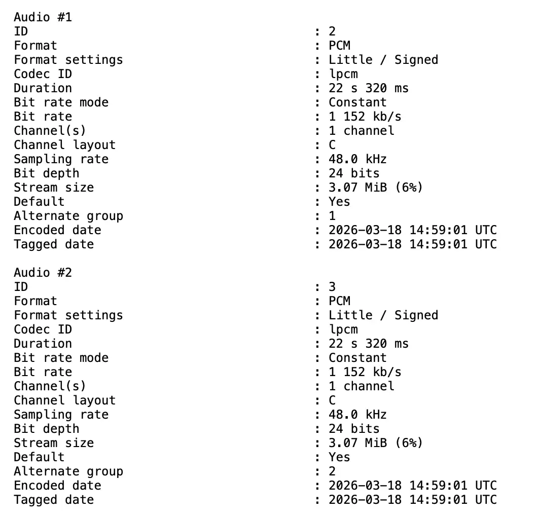 MediaInfo – 2 pistes, 1 canal chacune